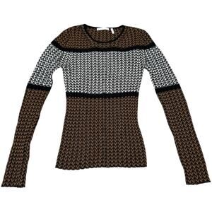 Helmut Lang Tri Color Crewneck Sweater Herringbone Merino Wool Camel Brown Small